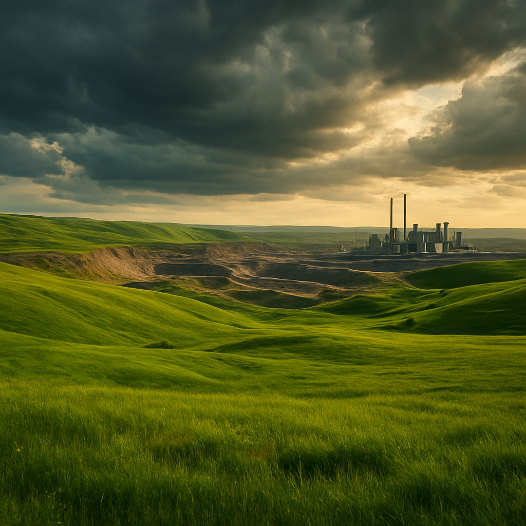 Rehabilitated mining landscape where green grassland meets industrial infrastructure