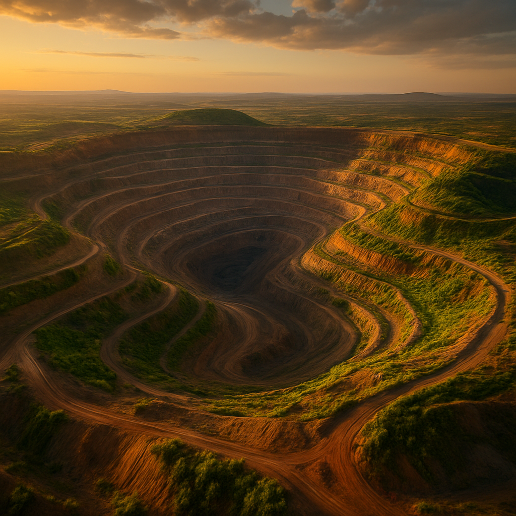 Aerial view of a rehabilitated open-pit mining operation in the South African Highveld